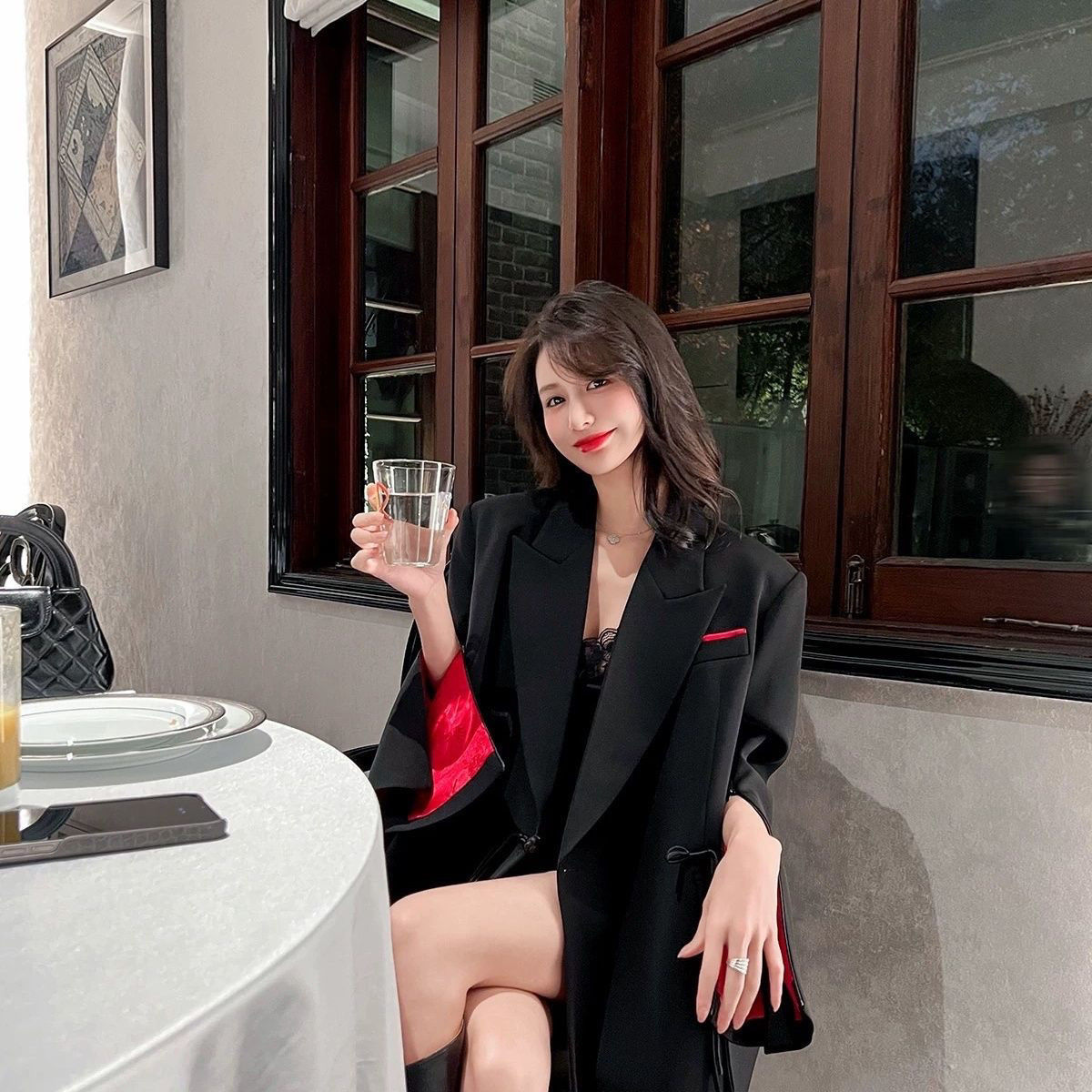 高端红色醋酸西装外套女