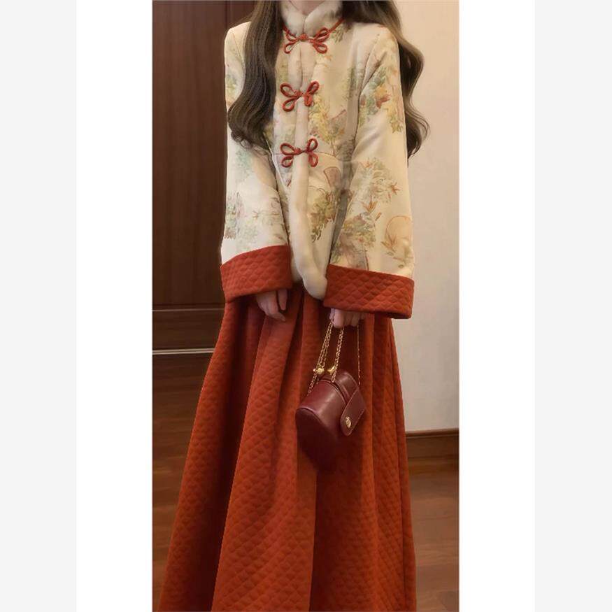 冬季新中式国风盘扣加厚棉服外套+蓬蓬捏褶半身长裙富家千金套装