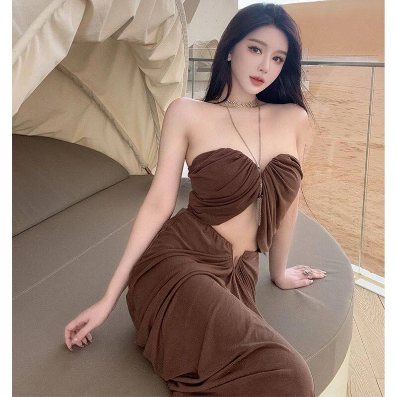 高冷御姐风时尚套装女纯欲性感风一字肩褶皱抹胸背心高腰半身长裙