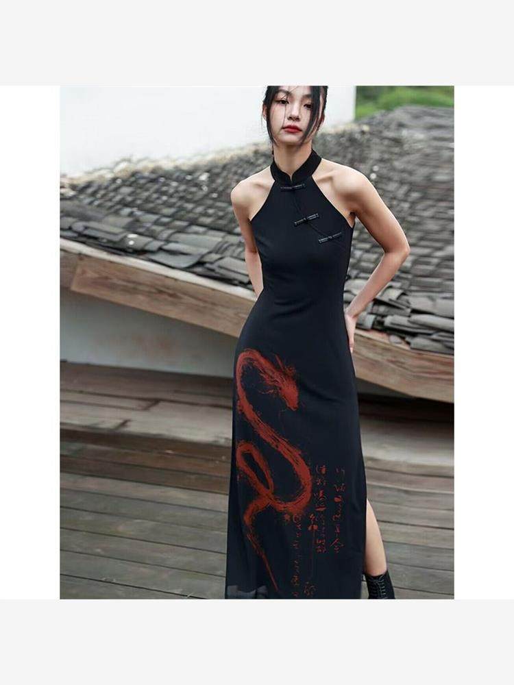 大青龙肆新中式挂脖连衣裙女夏季新款暗黑收腰开衩改良旗袍裙子