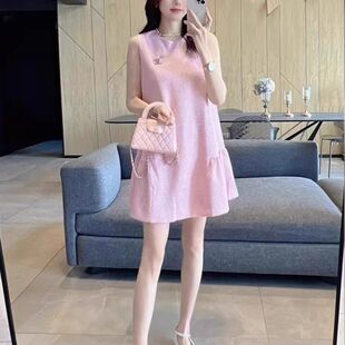 法式小香风粉色无袖连衣裙女夏2024新款轻奢高级感独特气质a字裙