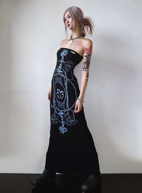 mss studio原创设计黑色丝网印辣妹性感时尚暗黑弹力显瘦连衣裙