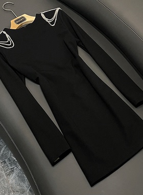 名媛风双肩重工钉珠链条修身包臀长袖连衣裙短裙子20931HUP