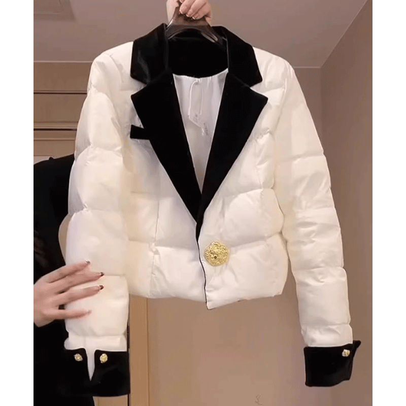 西装领白色短款棉服女冬