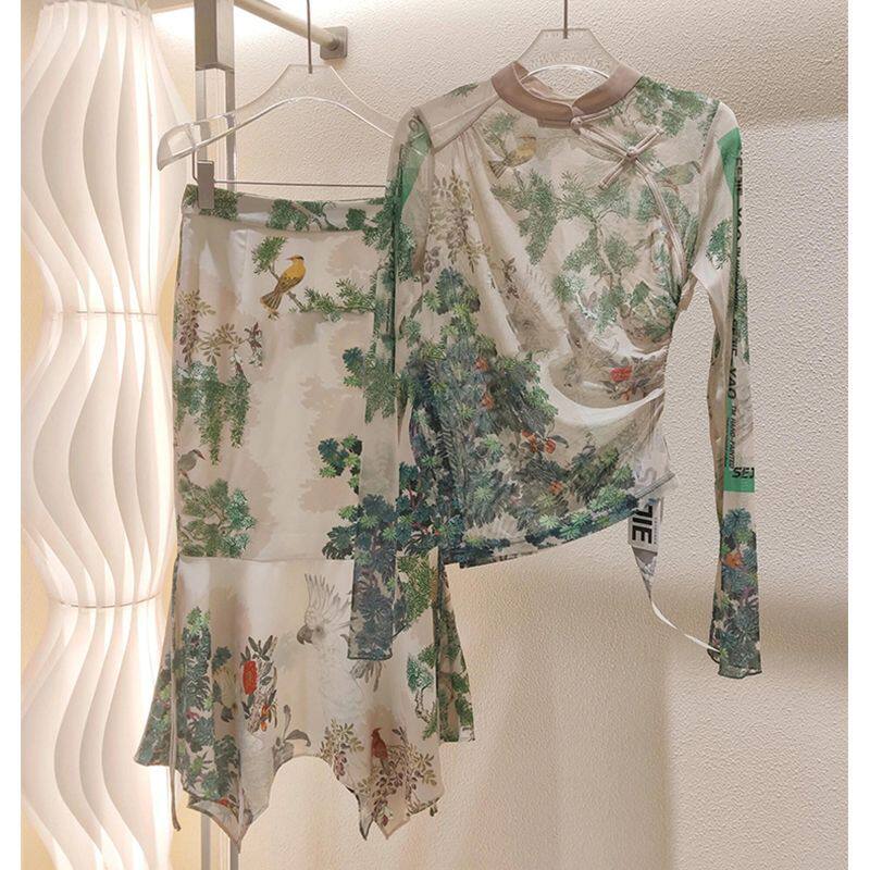 夏装搭配一整套新中式国风气质印花衬衫半身裙子两件套装女装