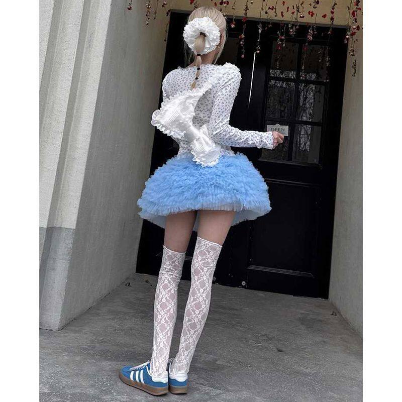 芭蕾风蓝色网纱纱裙tutu蓬蓬裙抽褶花边蛋糕裙亲子公主短裙半身裙