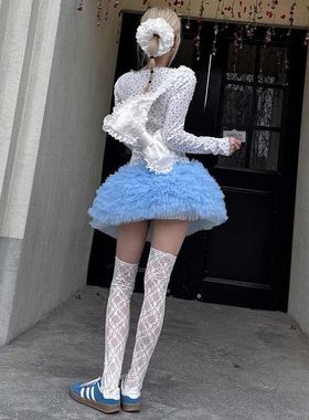 芭蕾风蓝色网纱纱裙tutu蓬蓬裙抽褶花边蛋糕裙亲子公主短裙半身裙
