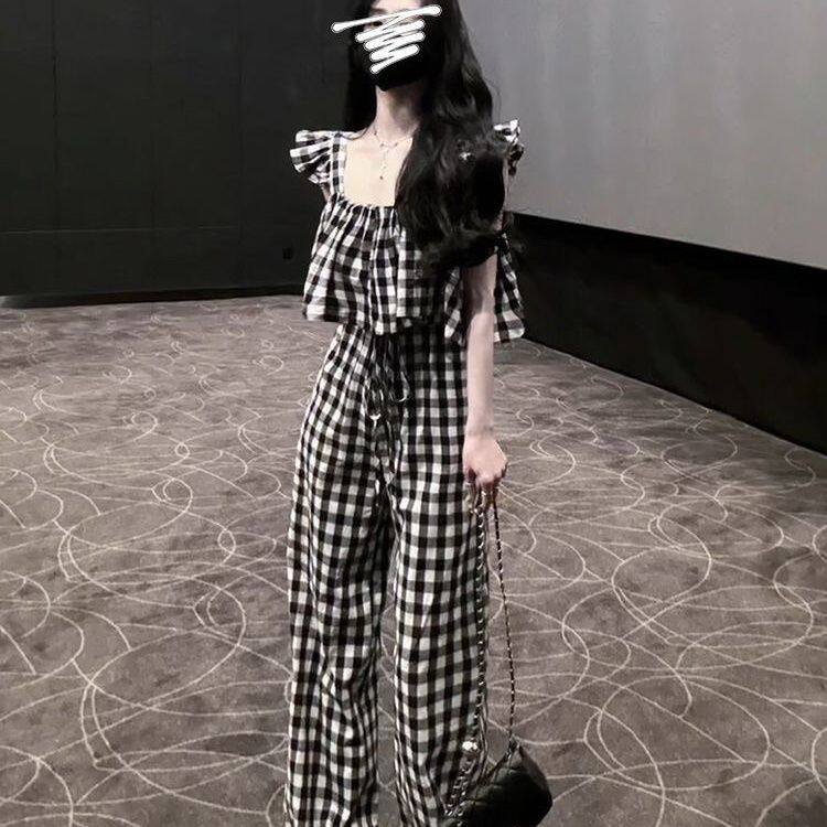 黑白格飞飞袖设计感套装