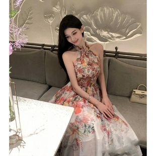 碎花挂脖连衣裙气质三亚海边度假沙滩裙超仙晚礼服 法式