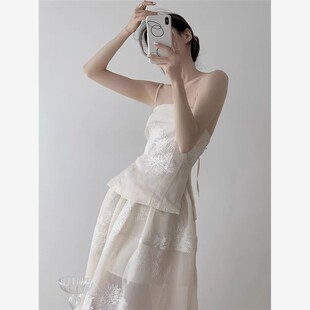 如烟花般绽放刺绣古典清背心半裙冷套装露背上衣A字半身裙夏季裙