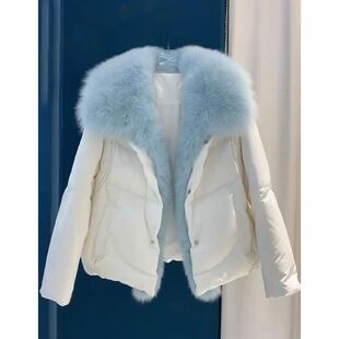 高端洋气小香风蓝色大毛领白色羽绒服女2024冬季新款高级感派克服