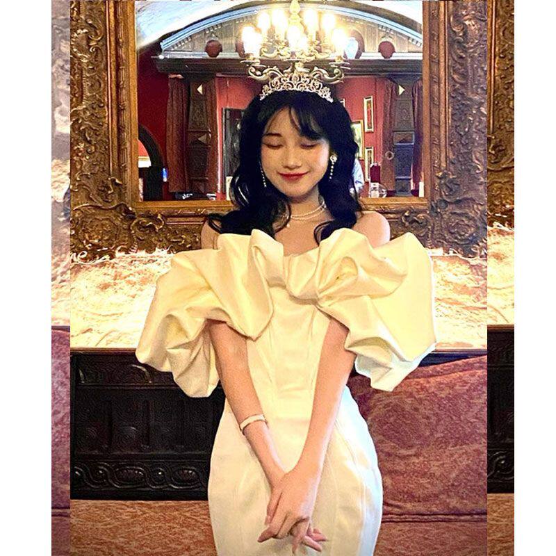 订婚生日party小礼服轻奢小众高端甜辣气质一字肩白色抹胸连衣裙