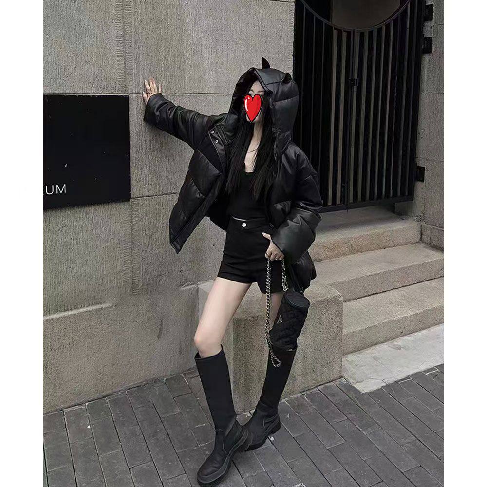 黑色连帽宽松皮衣羽绒棉