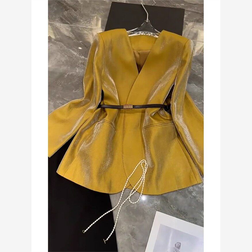 小个子欧货爆款老钱风职业西服高级感金色轻奢缎面西装外套女夏季