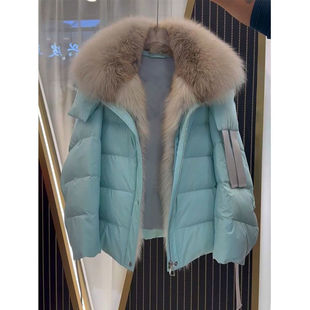 冬季高级感超好看蓝色连帽保暖厚外套洋气减龄羽绒服女小个子棉服