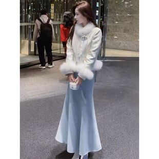 新中式国风小香风冬季新款女高级感毛呢外套两件套装