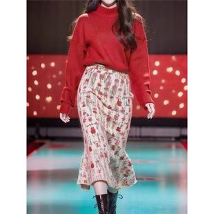 裙女 秋冬搭配一整套新年战衣中国风红色针织上衣两件套半身裙套装