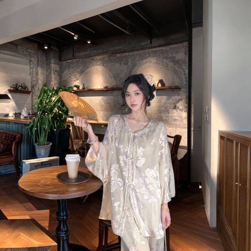 新中式国风禅意高级感白色印花衬衫阔腿裤套装2024新款女装夏季