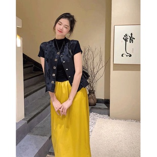 新中式国风马甲套装裙子女夏季禅意茶服黑色唐装上衣半身裙两件套