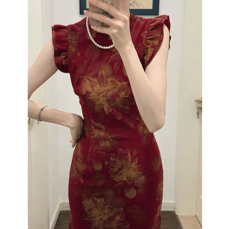 新中式女装酒红色盘扣小飞袖印花旗袍裙夏季订婚敬酒服国风连衣裙