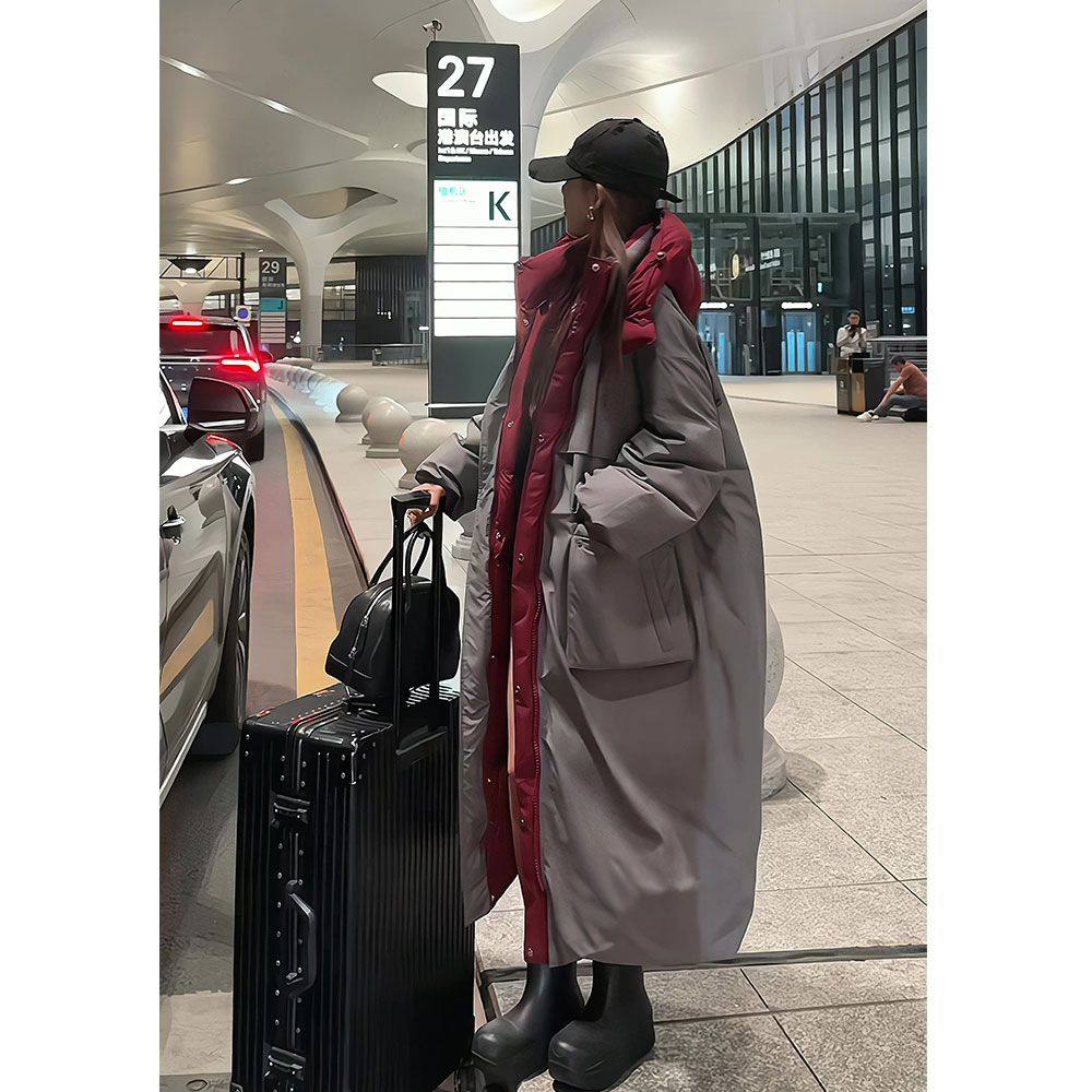 韩版宽松连帽拼色羽绒棉服女2024冬季小众设计感长款过膝加厚外套