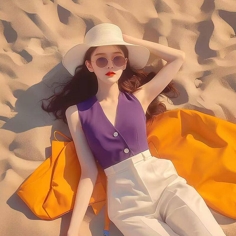 2025网红爆款松弛感穿搭慵懒风紫色上衣白色裤子两件套装女装夏季