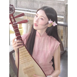 新中式连衣裙女夏高级感国风订婚晨袍年轻款改良旗袍气质粉色裙子