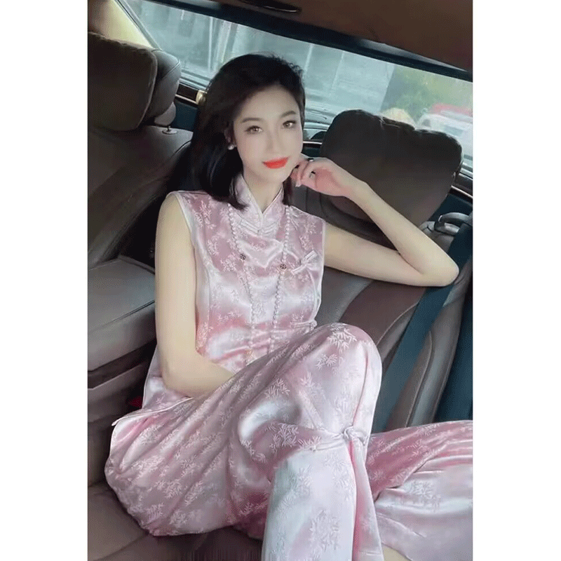 新中式女装中国风改良汉元素唐装盘扣粉色提花马甲上衣裤子两件套