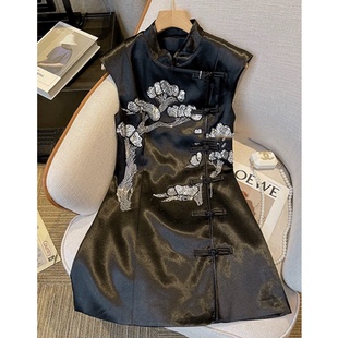 新中式国风改良旗袍无袖连衣裙女夏季醋酸气质轻奢高级感黑色裙子