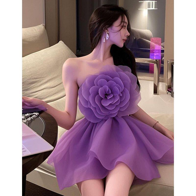 时髦法式立体花朵设计俏佳人重工抹胸晚礼服名媛生日裙子连衣裙女