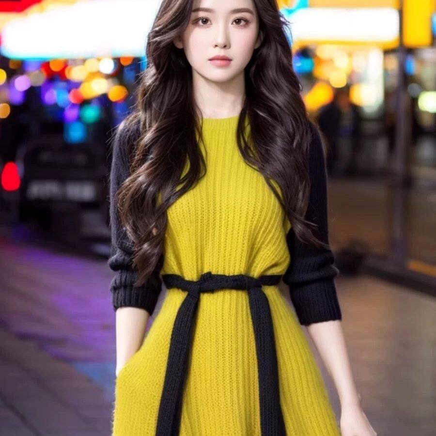假两件小香风黄色针织连