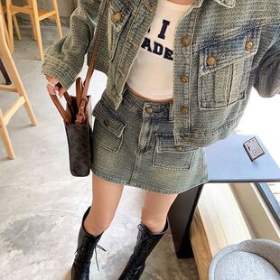 秋季2024新款高腰A字短裙半身裙子女装甜美短款牛仔外套两件套装