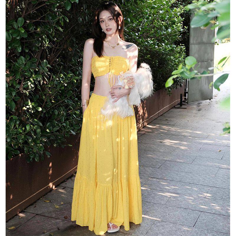 多巴胺blingbling套装绑带褶皱抹胸小上衣看展礼服度假半身裙