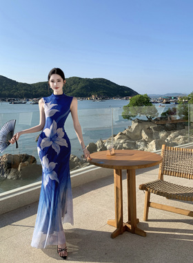 SAA新中式复古印花修身无袖渐变蓝色小众旗袍鱼尾长裙连衣裙