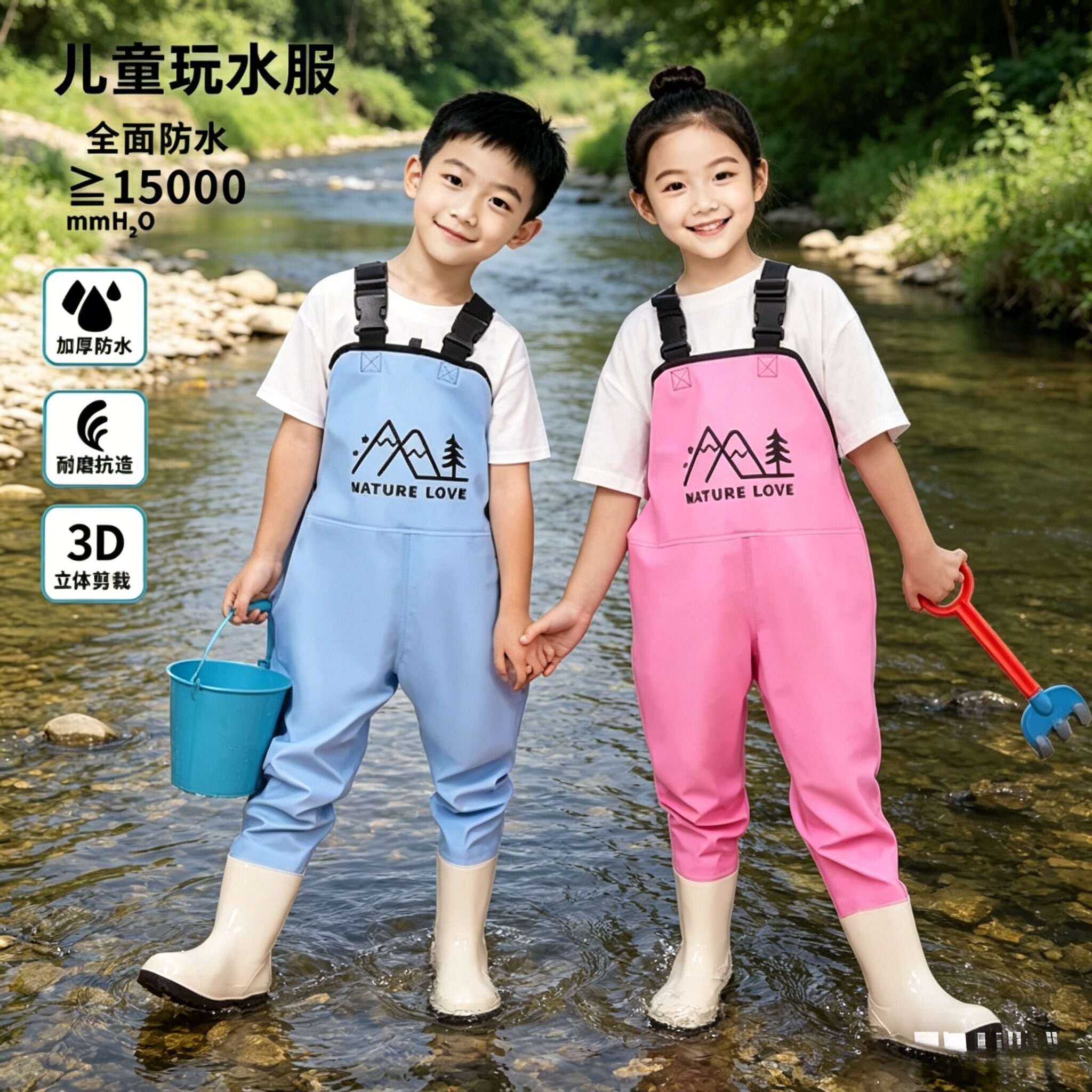 皮裤儿童下水赶海连体裤玩水裤雨靴一体幼儿园亲子户外服水裤