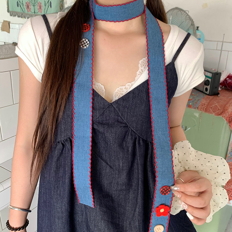 日系ins复古可爱牛仔纽扣丝巾女古早千禧风细窄长条围巾丝带配饰图片
