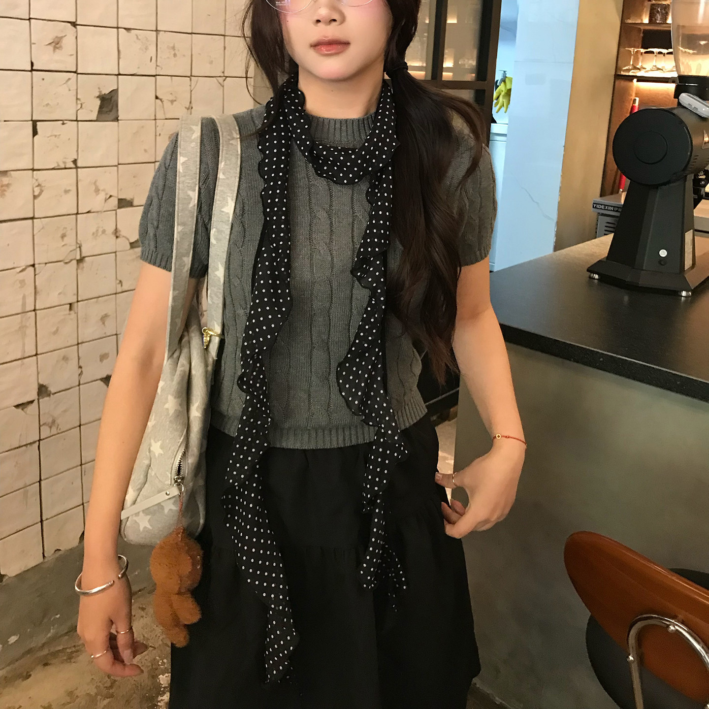 韩版黑色木耳边波点长条丝巾女春夏薄款高级感百搭系脖领巾配饰
