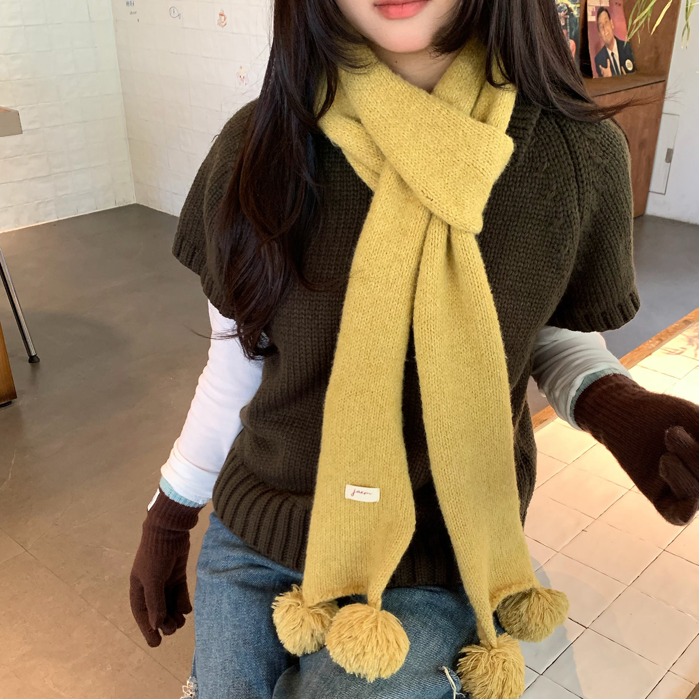 韩系百搭毛球流苏针织围巾女2026年秋季新款软糯保暖防寒护颈围脖