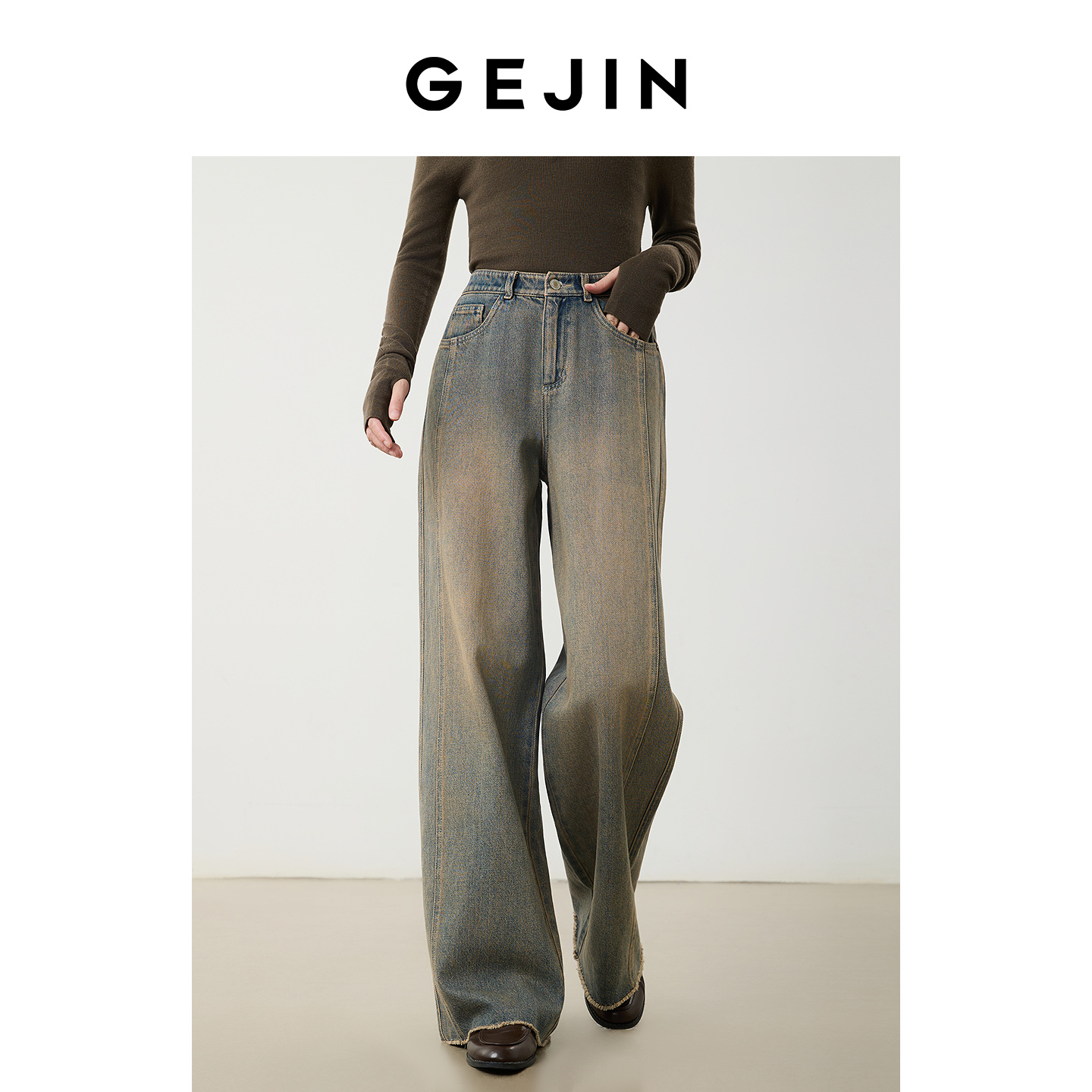 歌锦商场同款 百搭显瘦水洗牛仔阔腿休闲裤女2025春秋新款女裤