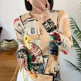 100%水溶羊毛轻薄软圆领长袖细腻印花打底衫2025春新款欧货高品质