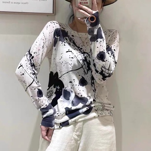 打底衫 水溶细羊毛印花针织衫 薄款 新款 女宽松长袖 圆堆堆领2023秋季