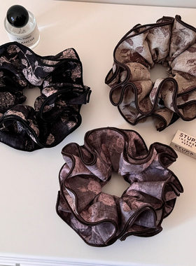 法式荷叶边复古玫瑰印花肥肠圈淡雅温柔咖色发圈显脸小扎马尾头花