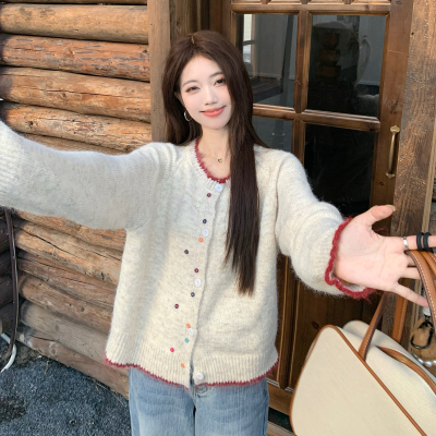 实拍~韩系撞色彩扣毛衣外套女2026秋季新款软糯宽松大码开衫上衣