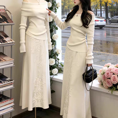 登记领证订婚衣服女平时可穿一字肩针织上衣半裙高级感两件套裙装