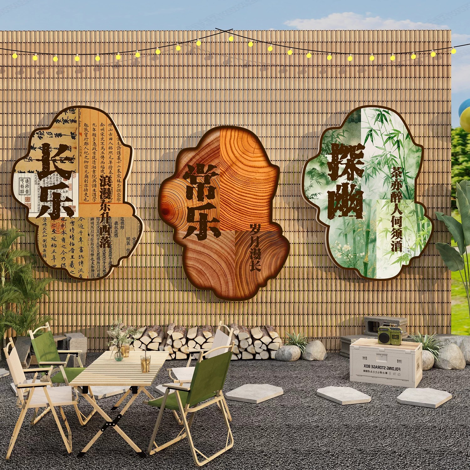 新中式禅意茶室背景墙贴装饰挂画古风民宿小庭院户外氛围布置壁画