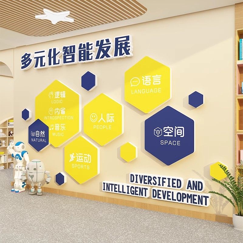 少儿编程培训机构前台环创机器人科学技墙面装饰乐课程体系布置高