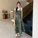 复古刺绣牛仔背带连衣裙女2025夏季新款高级感气质后腰显瘦a字裙，女装连衣裙，2C168