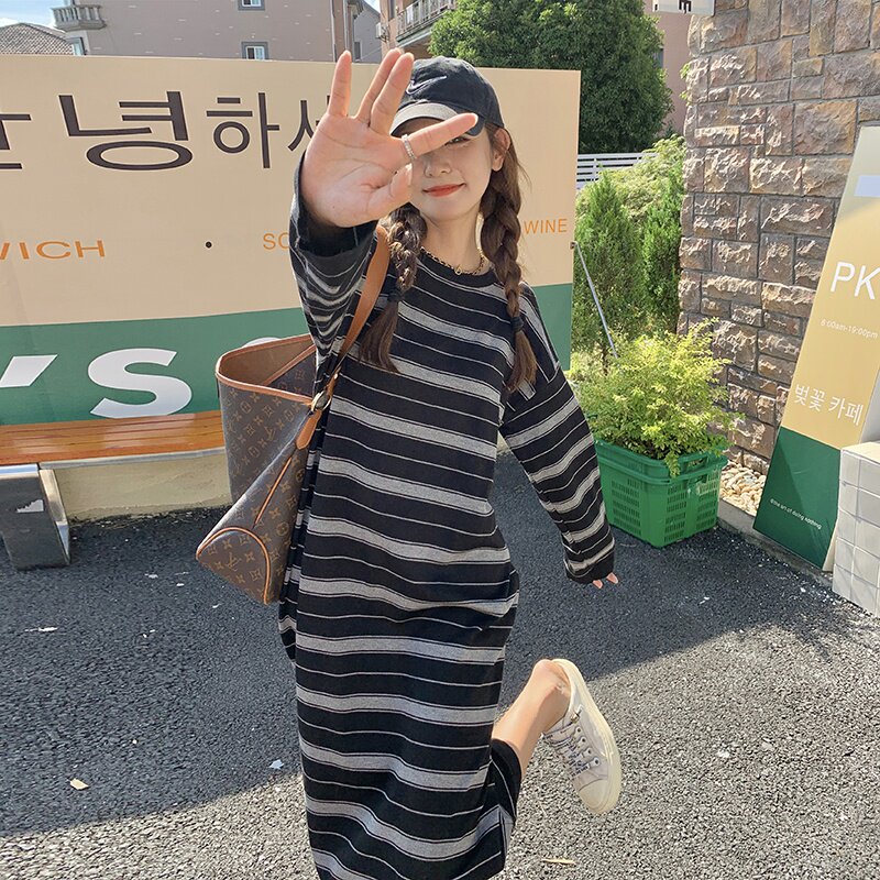 黑色条纹卫衣连衣裙女春秋2025新款超好看宽松休闲中长款T恤裙子,女装连衣裙,2C168