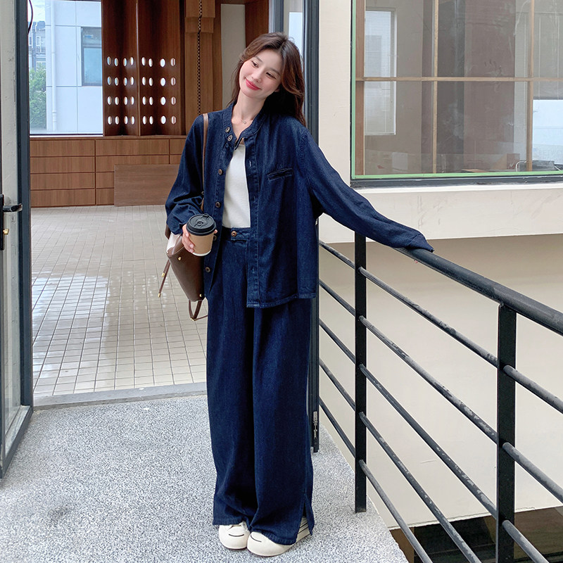 深蓝色甜酷设计感牛仔套装女2025年春季新款休闲上衣阔腿裤两件套,女装套装/套裙,2C168