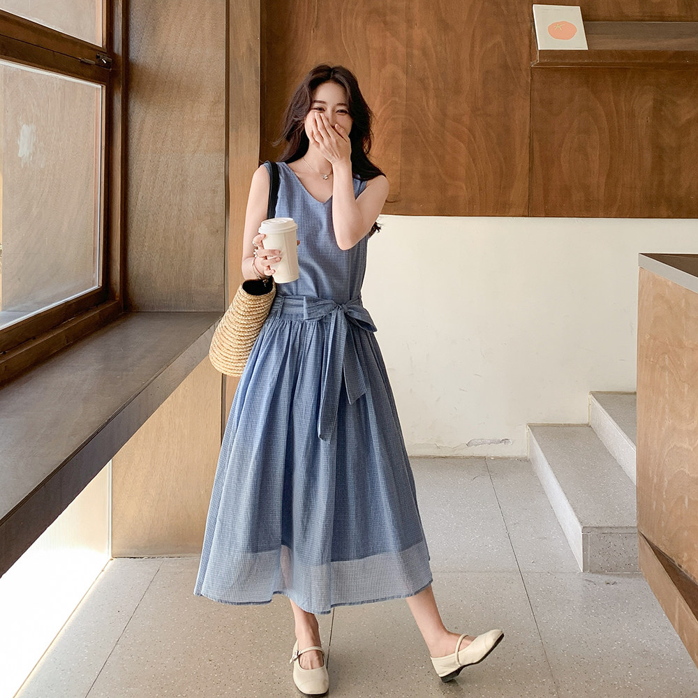 格纹v领背心连衣裙女2025夏季新款韩系小清新宽松收腰小个子a字裙,女装连衣裙,2C168